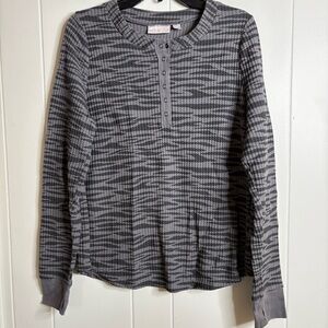 Belle by Kim Gravel Animal Print Gray Henley Top Button Neckline